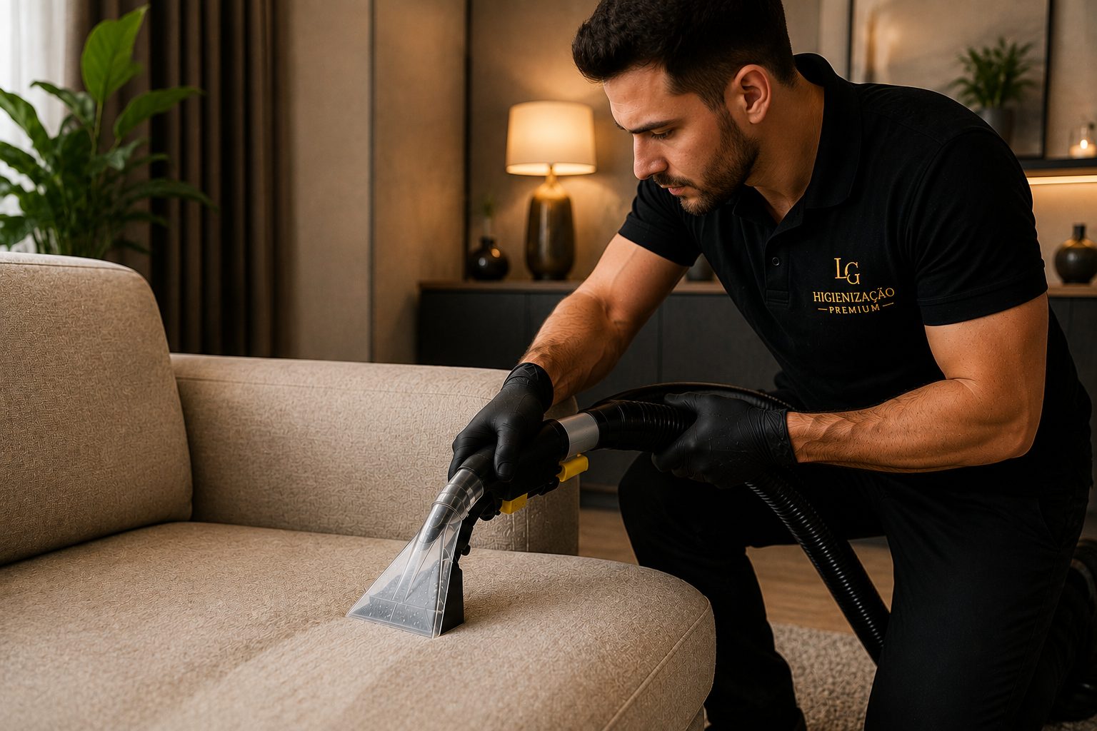 Fotografia ilustrativa de um técnico da LG realizando extração profissional em um sofá